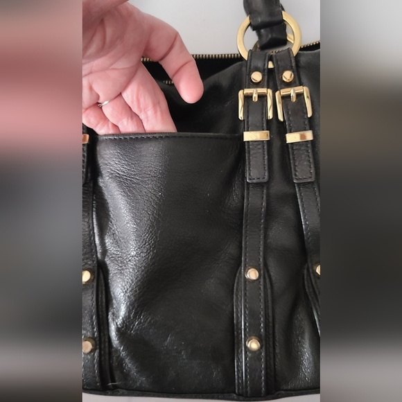 Michael Kors Black Leather Pebbled Purse Gold Hardware Studded Buckles Euc Clean - Picture 16 of 16